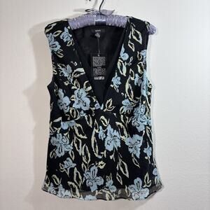 Alfani Womens Size 14 Floral Sleeveless Silk Blouse V-Neck Black Y2K Babydoll